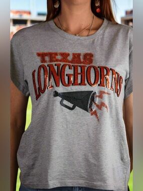 QUEEN OF SPARKLES Grey Tee with Orange Sequin TEXAS LONGHORNS